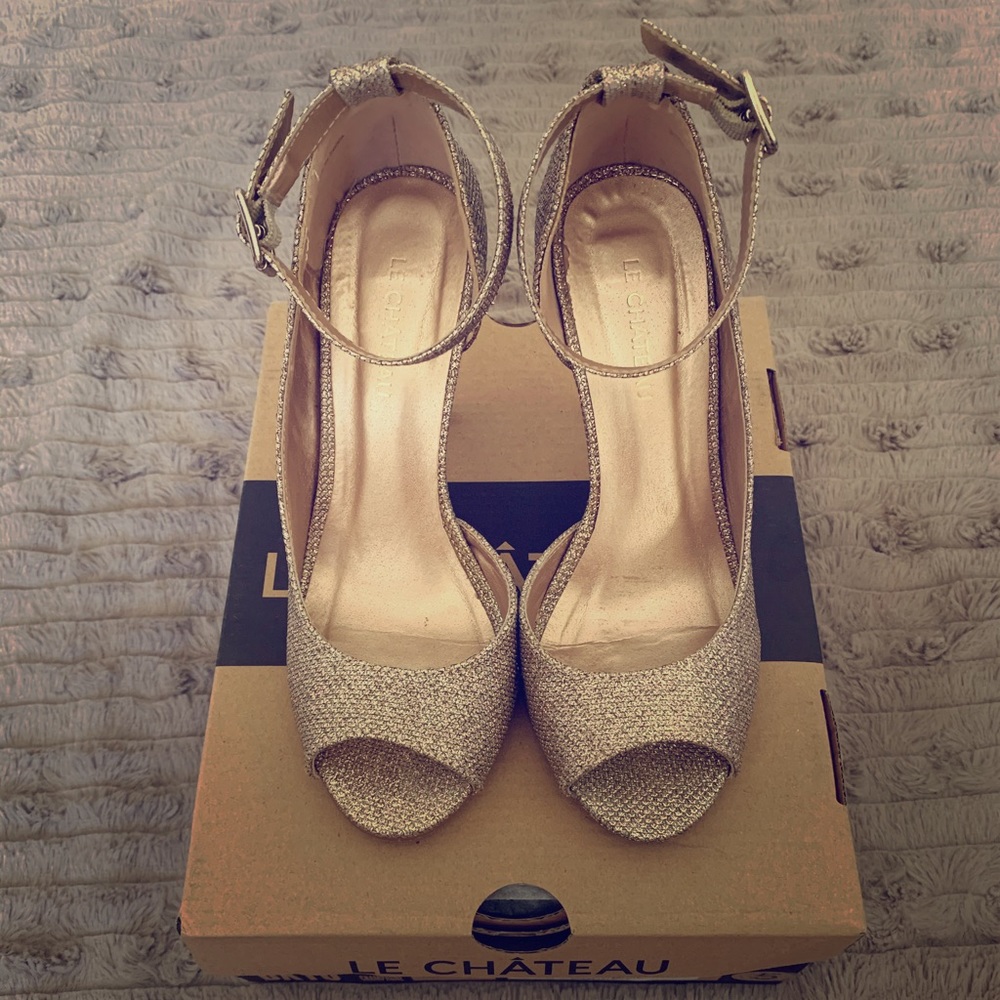 Gold sparkle peep-toe ankle strap high heels